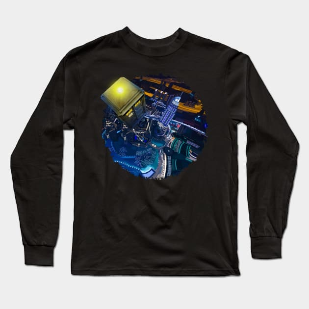 Tardis doctor who flying above modern starry night city Long Sleeve T-Shirt by Dezigner007